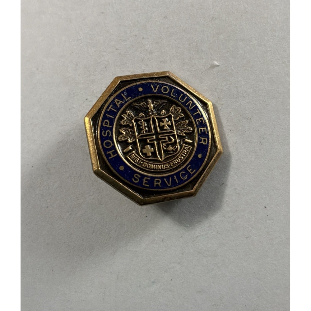 Vtg Hospital Volunteer Service Lapel Pin Brooch Blue Enamel Gold Tone Octagon